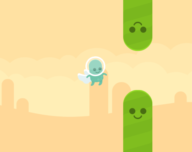 Cover image for Flappy Alien showing an alien with wings passing between two green striped pillars.